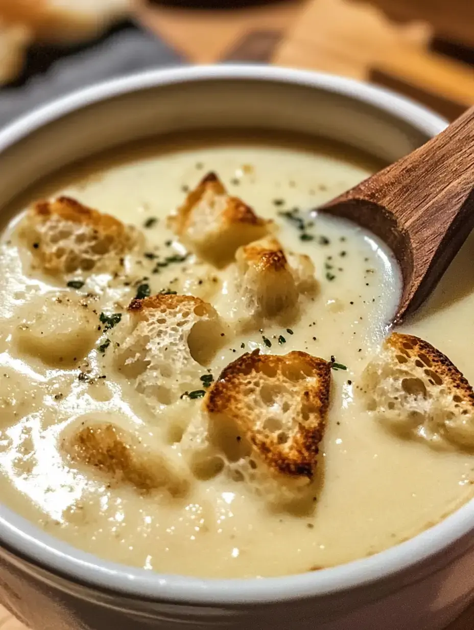 A white bowl holding creamy soup garnished with toasted bread and green herbs, served with a wooden spoon.