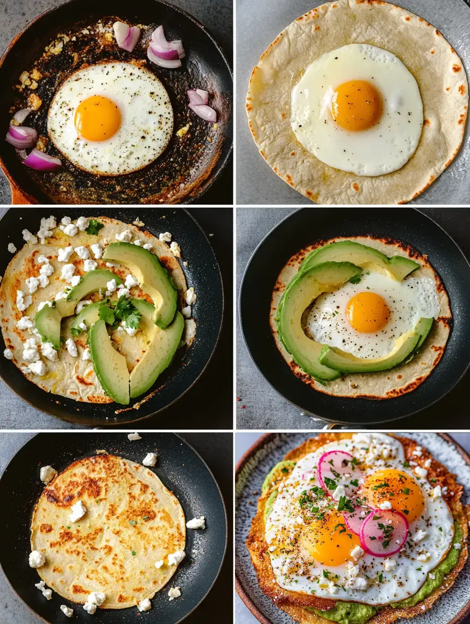 A set of six pictures showing egg cooking steps and dish assembly with tortillas, avocado, and extras like cheese and veggies.