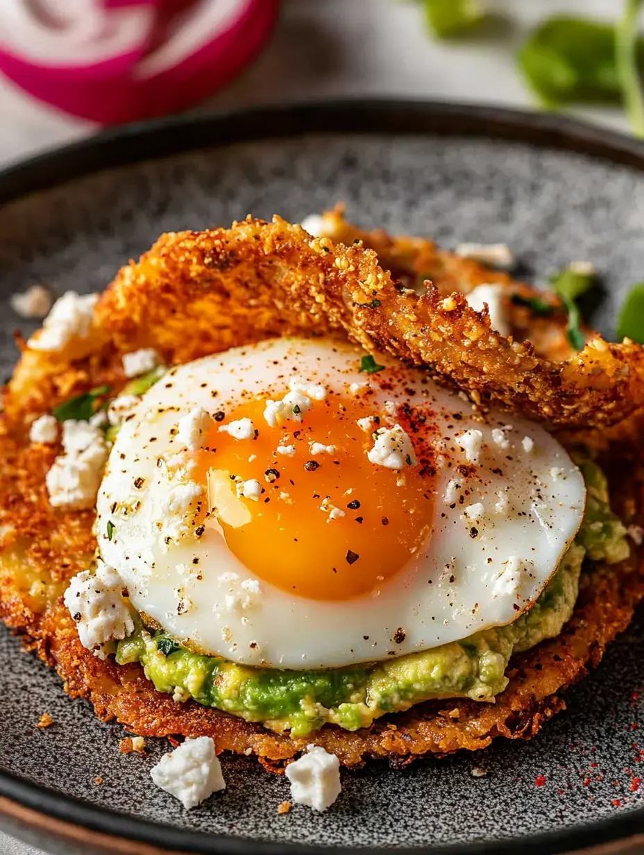 A crunchy cooked layer surrounds a sunny egg sitting on mashed avocado, topped with broken cheese bits and various seasonings.