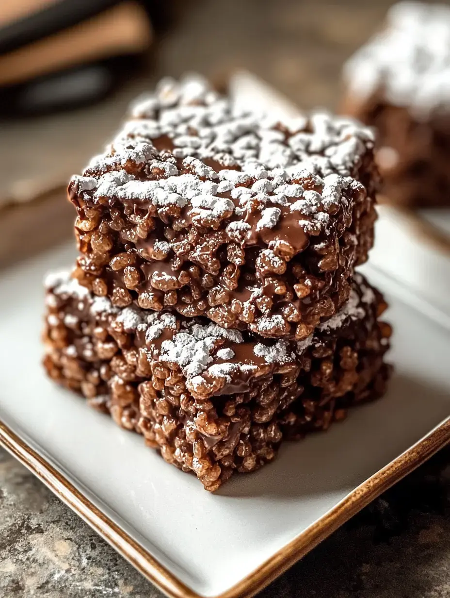 A plate loaded with chocolate-coated Rice Krispies squares covered in powdered sugar dust.
