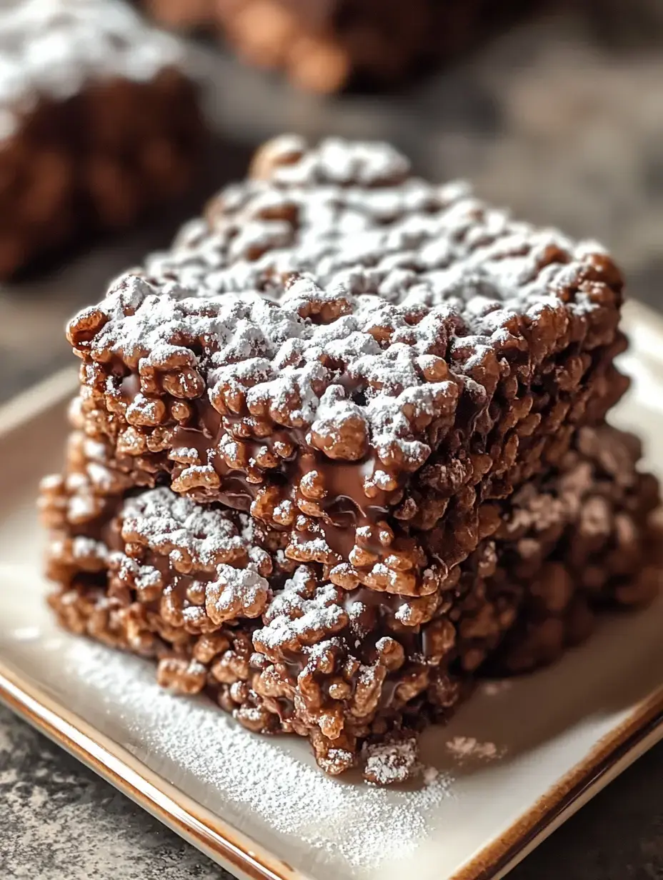 A close view of three piled chocolate rice treats dusted with white sugar on a plate.