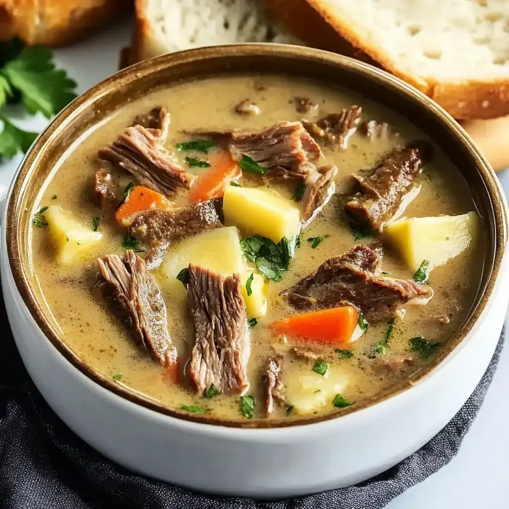 A bowl of rich beef and veggie soup with chunks of meat, herbs, and crispy bread slices on the side.