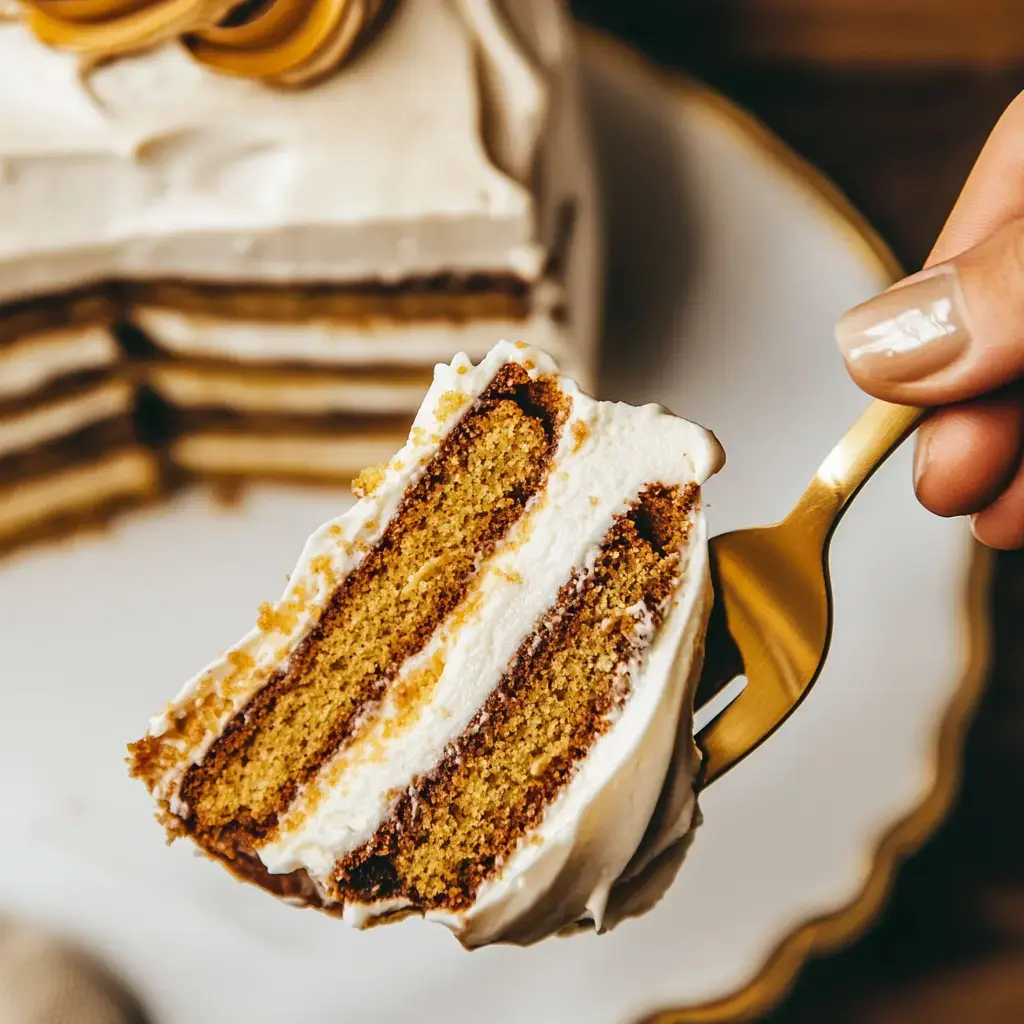 A slice of chocolate and peanut butter cake with a fork held in mid-air, alongside the whole cake on a decorative stand.