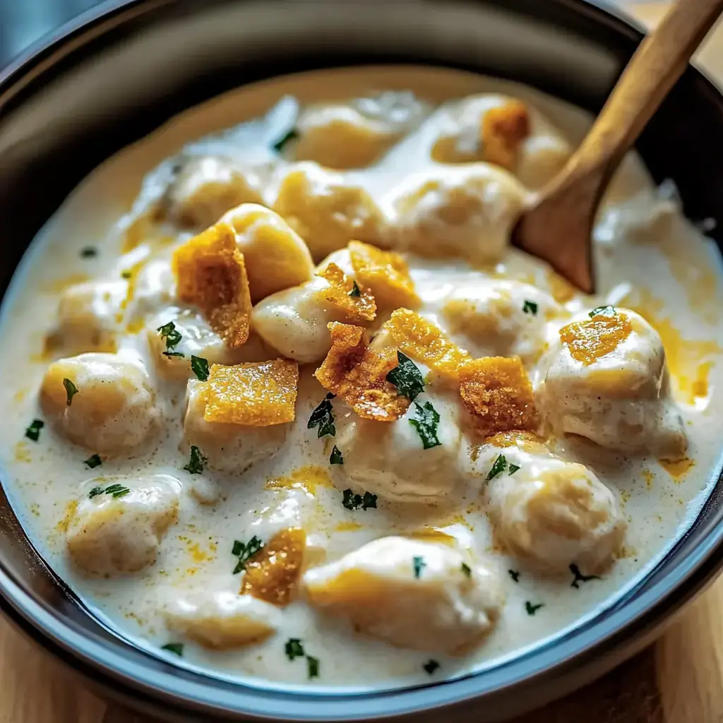 A creamy dish of gnocchi with crispy bacon bits and parsley sprinkled on top.