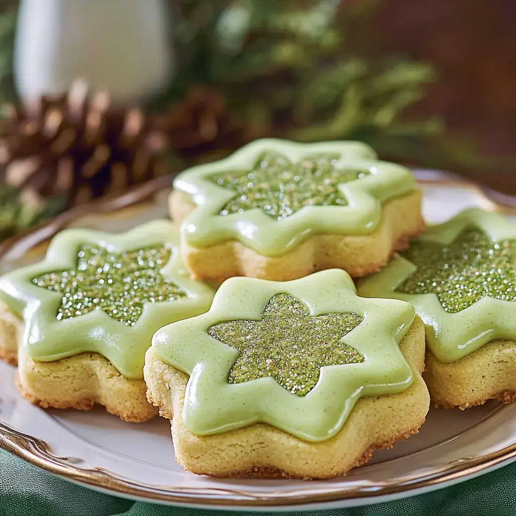 Bright cookies shaped like stars, with green frosting and glitter details, arranged on a festive plate.