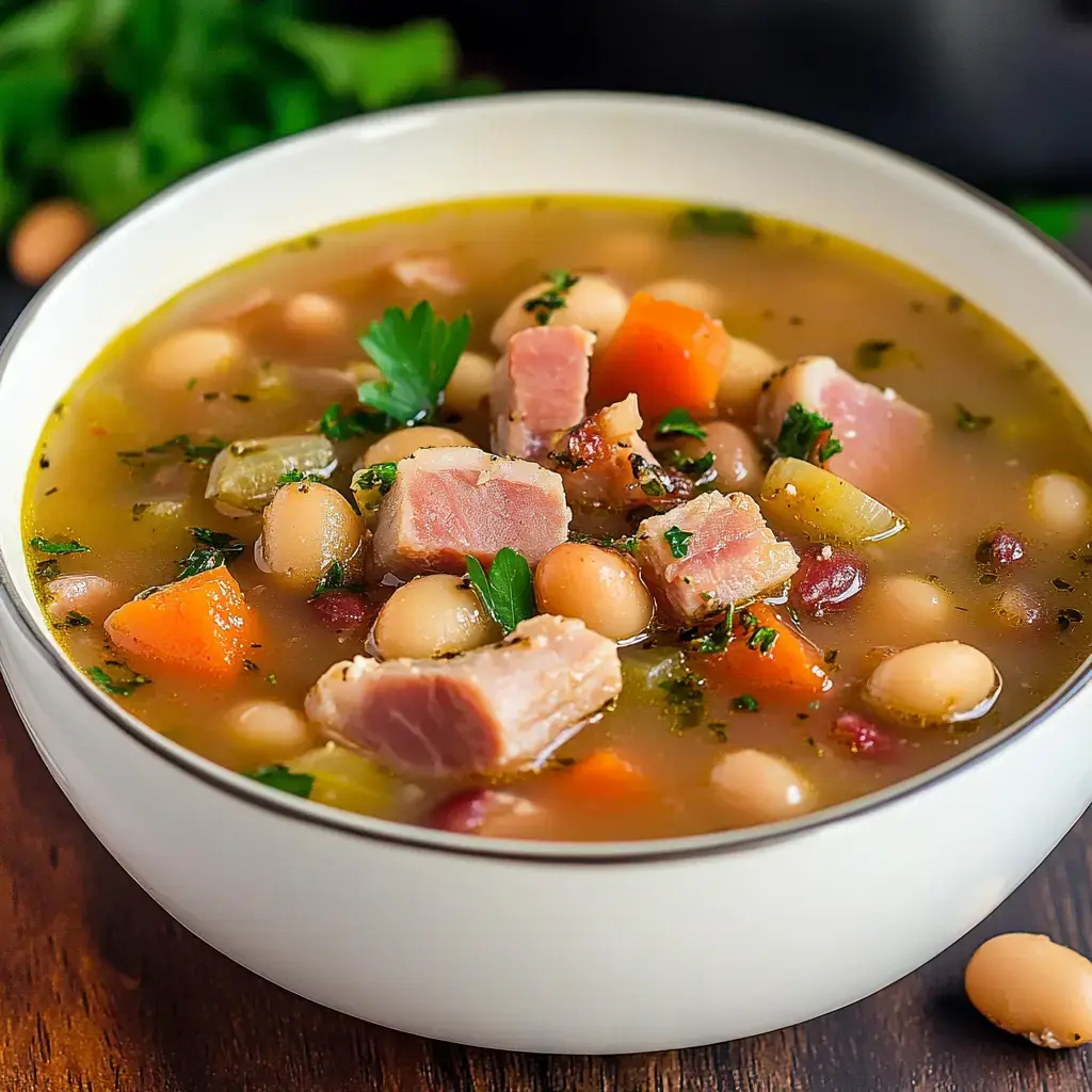 A close-up of a bowl of hearty stew filled with beans, ham chunks, veggies, and topped with parsley.