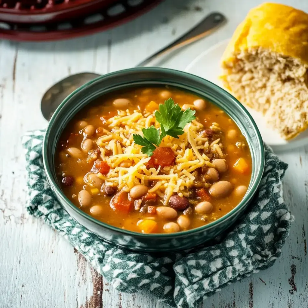 A cozy bowl of bean chili topped with cheese and parsley, with a side of cornbread on a colorful cloth.