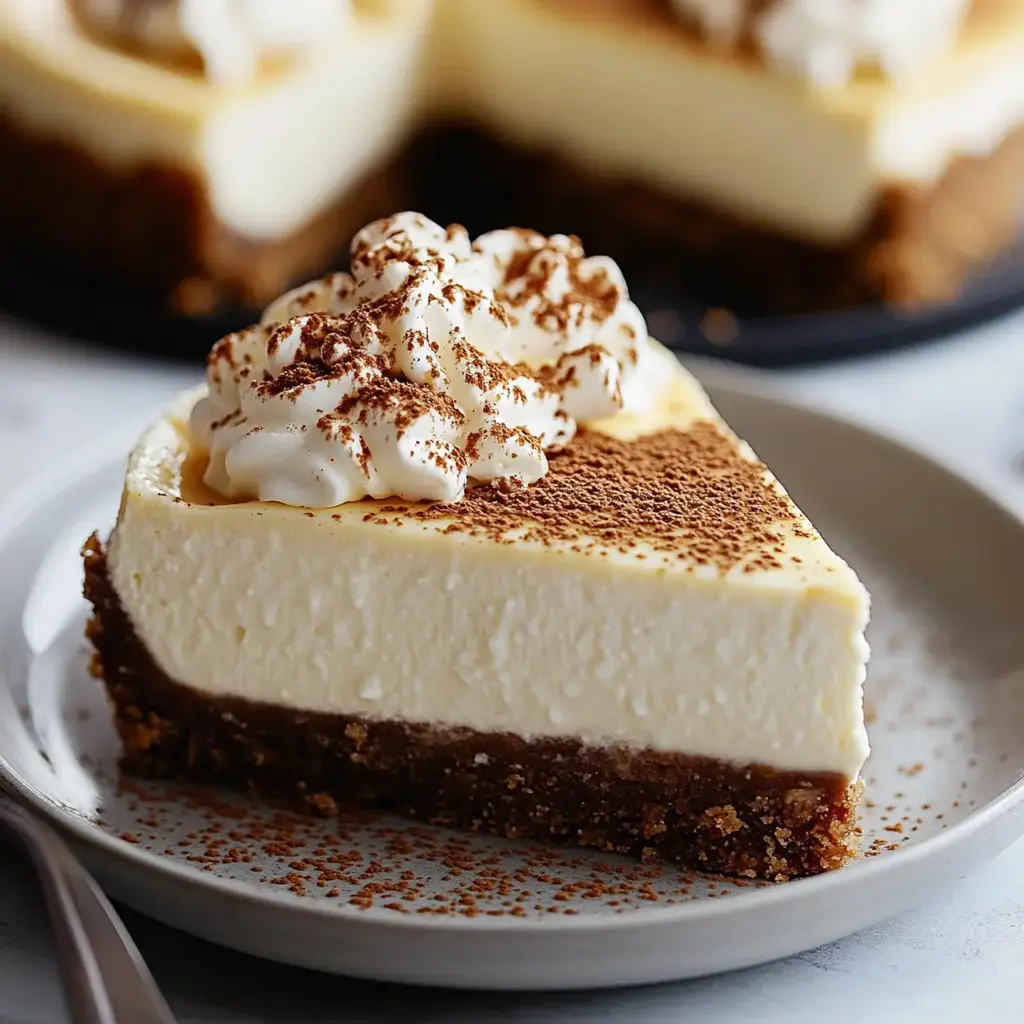A creamy dessert slice with whipped topping and spice dusting on a plate.