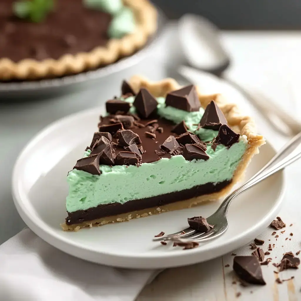A plate with a slice of chocolate and mint pie. Layers of green mint filling and dark chocolate are topped with crumbled chocolate.