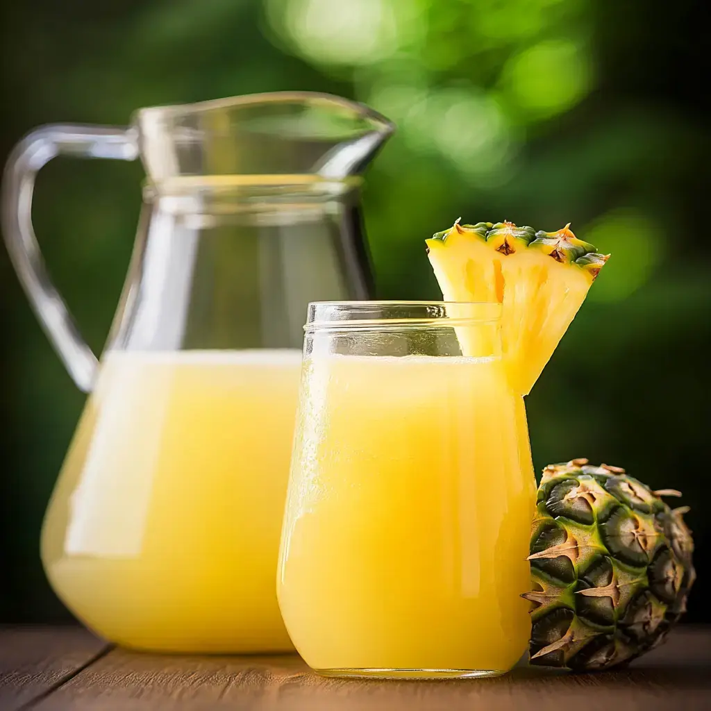 A glass filled with bright yellow pineapple and lemonade mix sits next to a matching pitcher and a fresh pineapple in front of greenery.