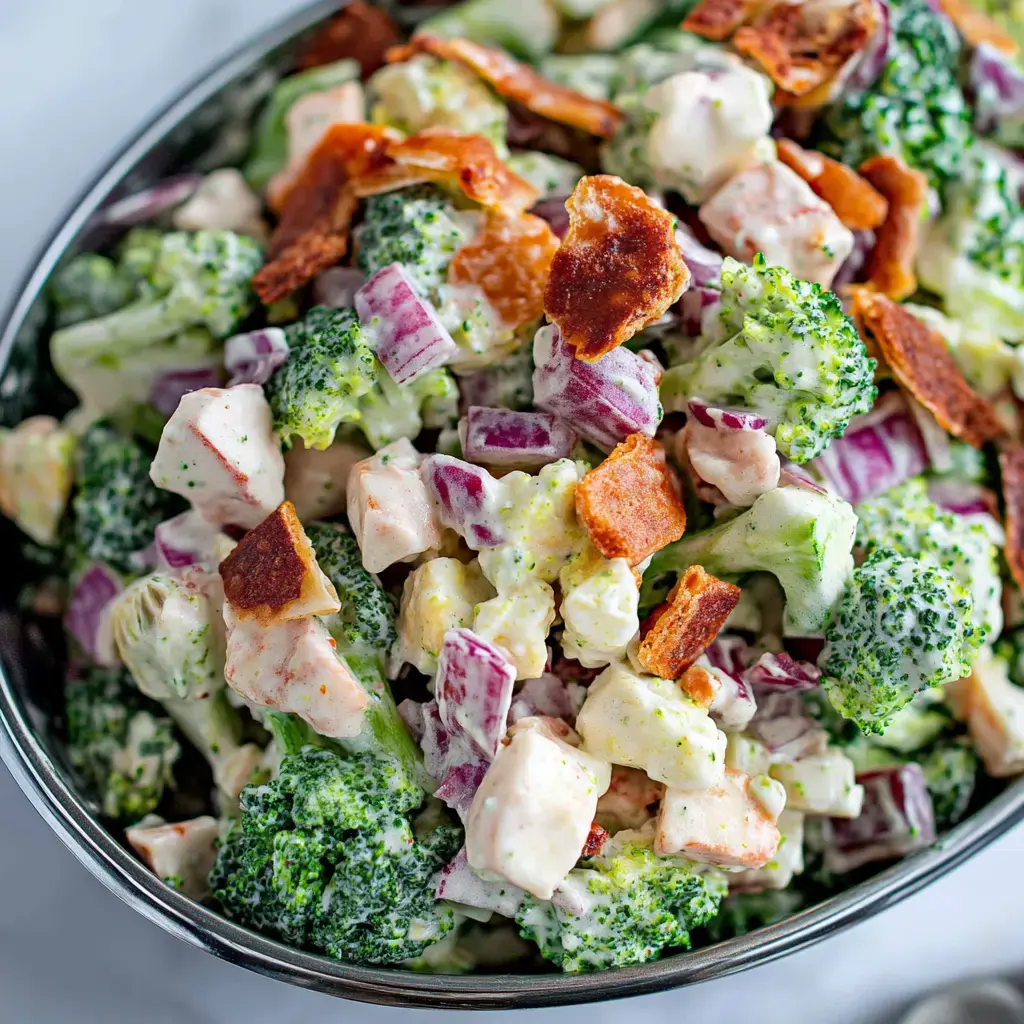 A bowl packed with broccoli, bacon, red onions, and cheese cubes.