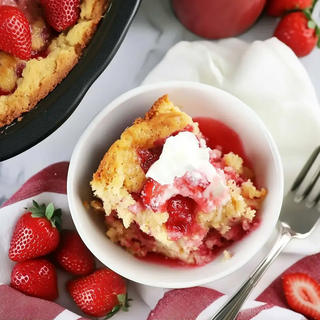 A bowl of warm strawberry dessert topped with whipped cream and sitting near fresh strawberries on a striped napkin.
