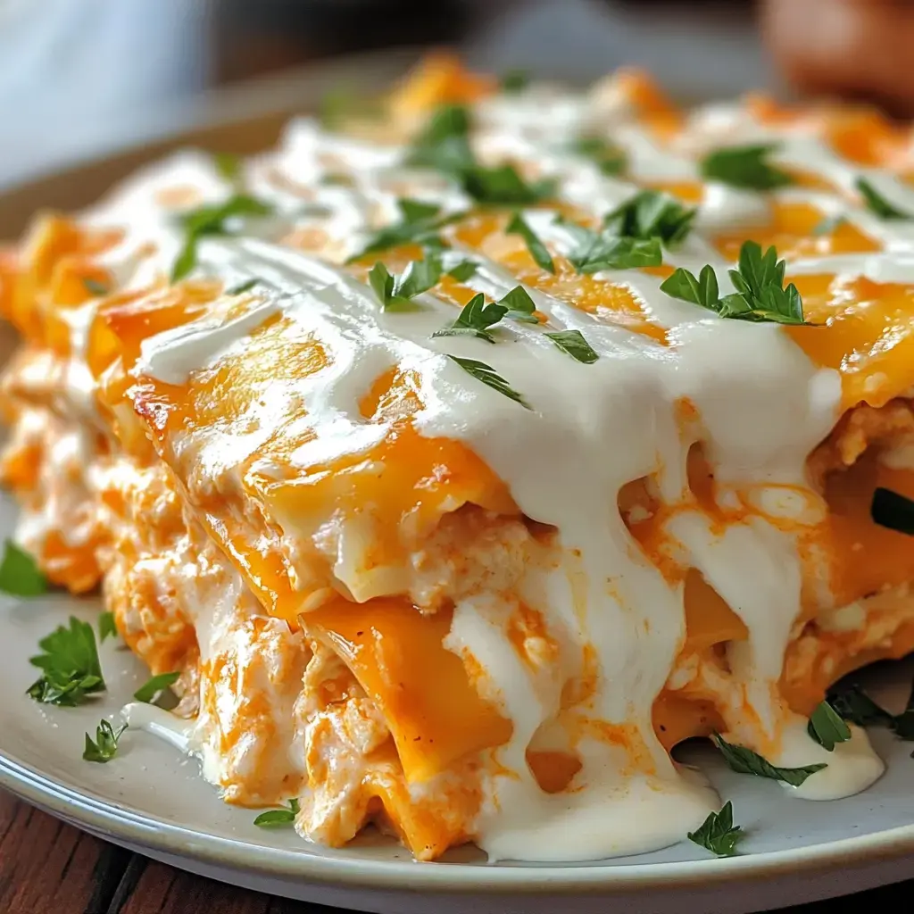A cheesy layered dish drizzled with ranch and sprinkled with parsley, close-up view.