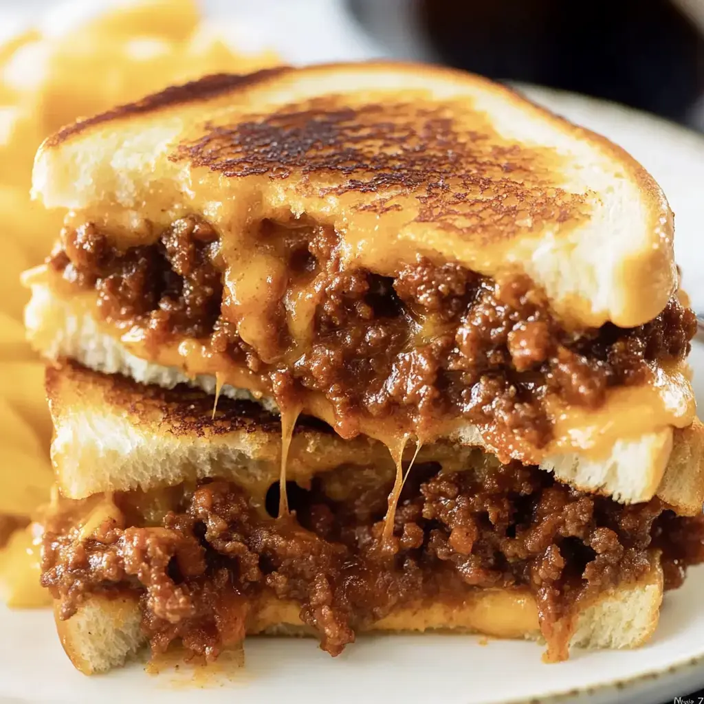 A stacked grilled cheese sandwich loaded with gooey cheese and sloppy joe filling, served with chips.