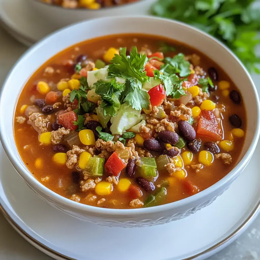 A loaded chili bowl with sliced avocado, fresh tomato chunks, cilantro, black beans, corn, and a colorful mix of bell peppers.