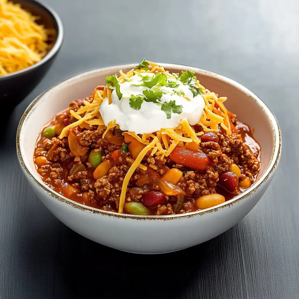 A hearty bowl of beef chili garnished with cheese, sour cream, and cilantro. Cheese sits in a small bowl nearby.