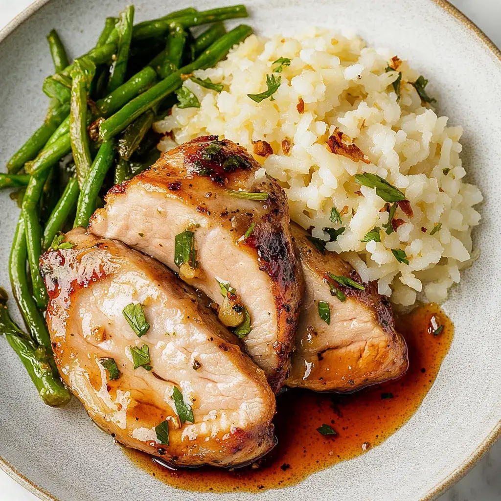 Two glazed pork chops plated next to green beans and fluffy rice with parsley garnish.