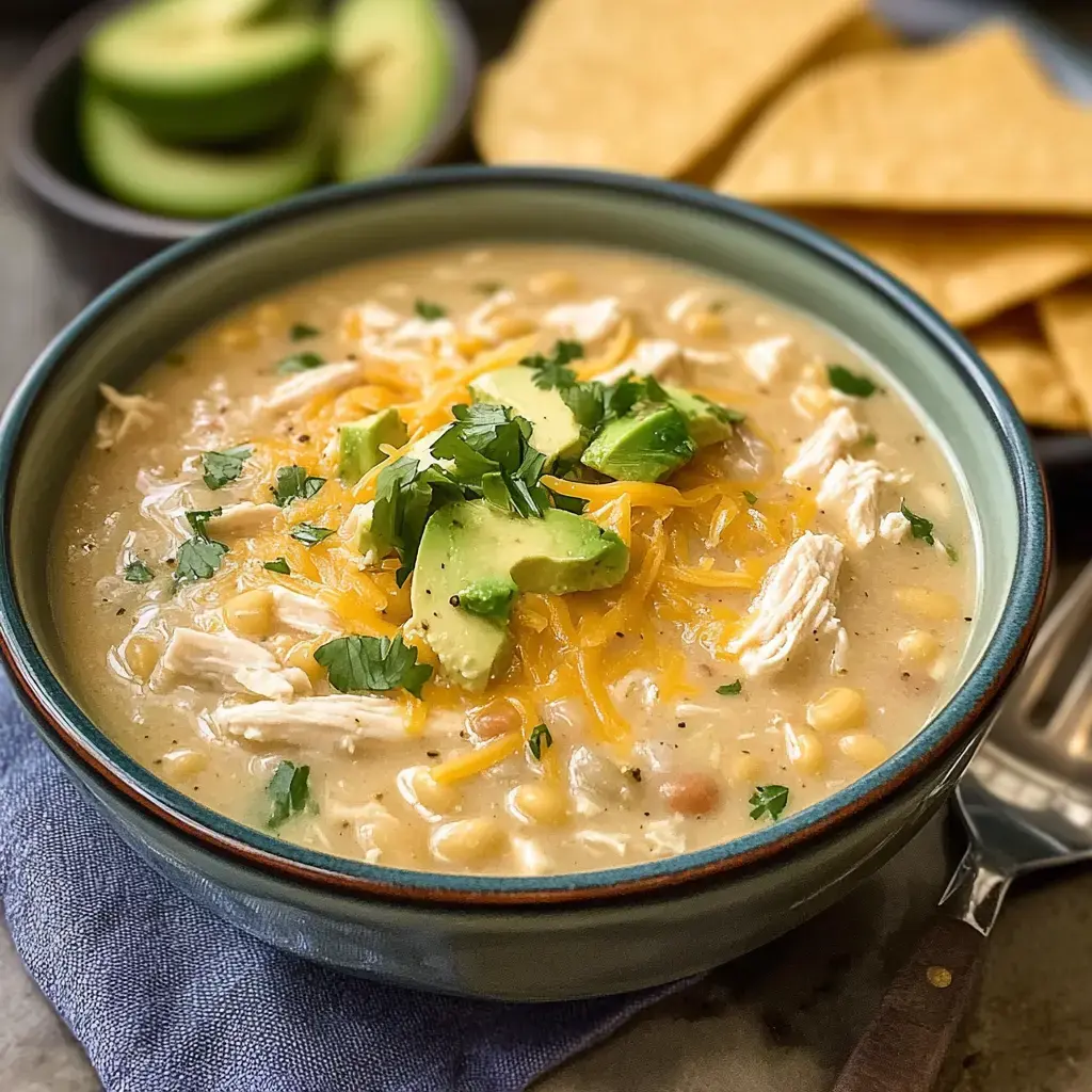 A creamy chicken soup bowl garnished with avocado, cheese, and fresh cilantro, paired with tortilla chips.