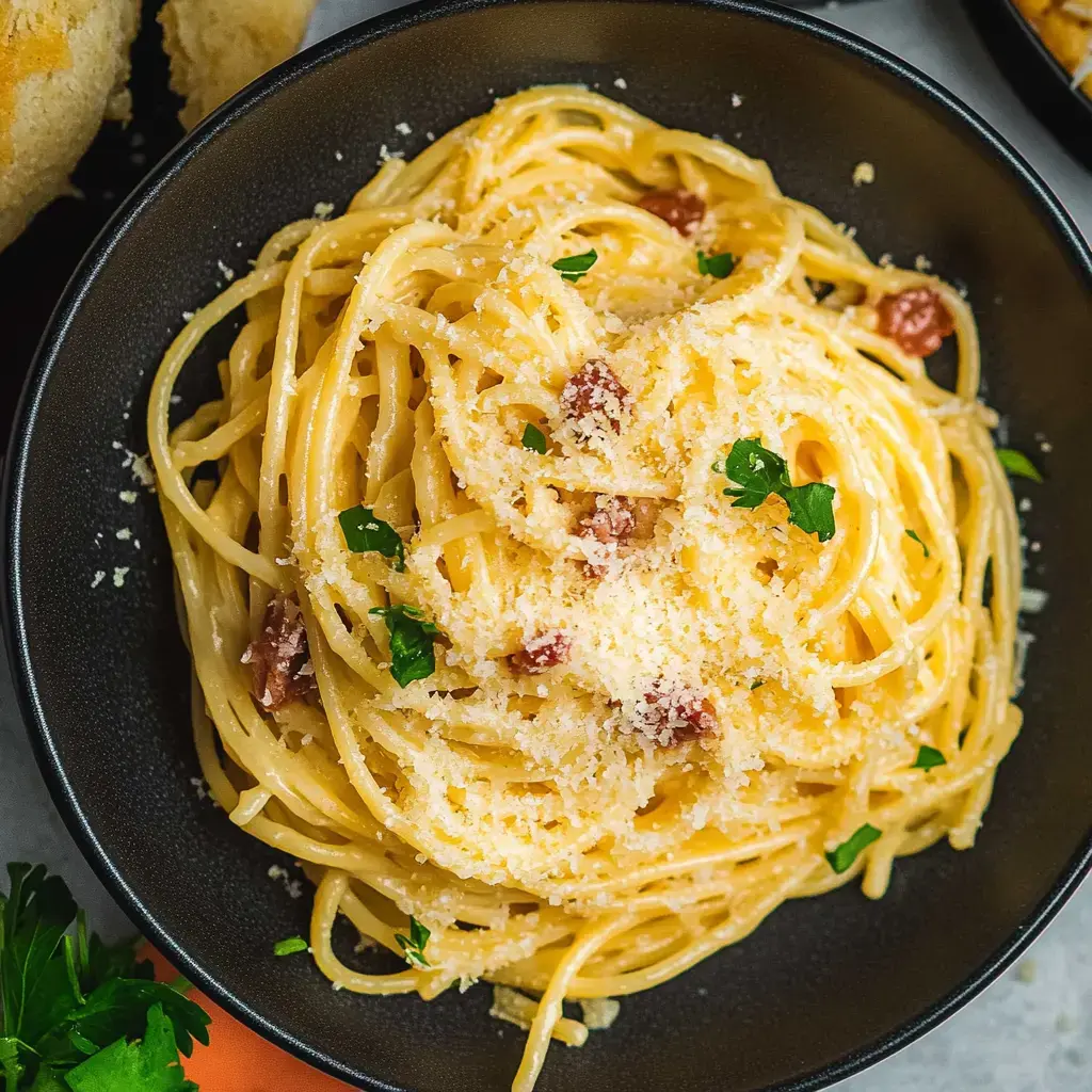 Close-up of spaghetti dinner topped with cheese and parsley.