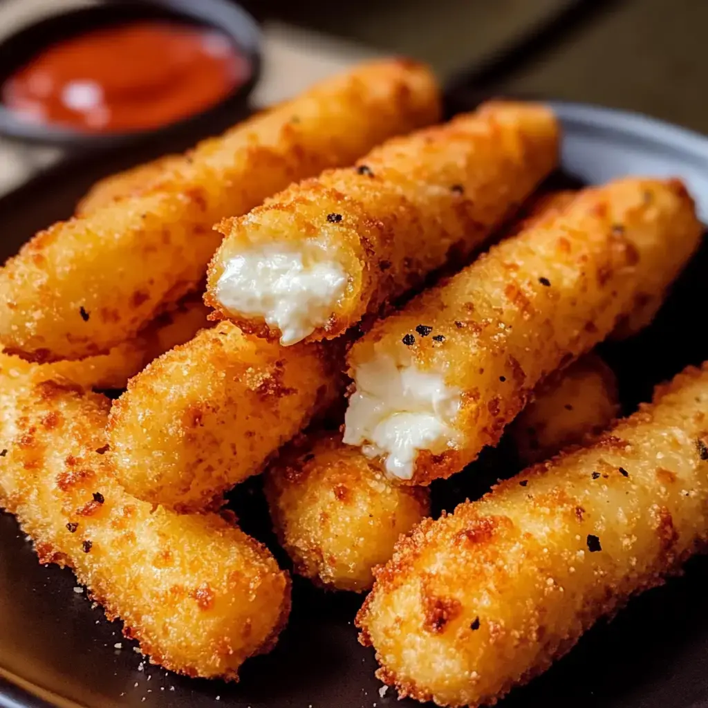 Golden, crunchy cheese sticks stacked on a plate with gooey cheese oozing out of one. Served with a small bowl of dipping sauce.