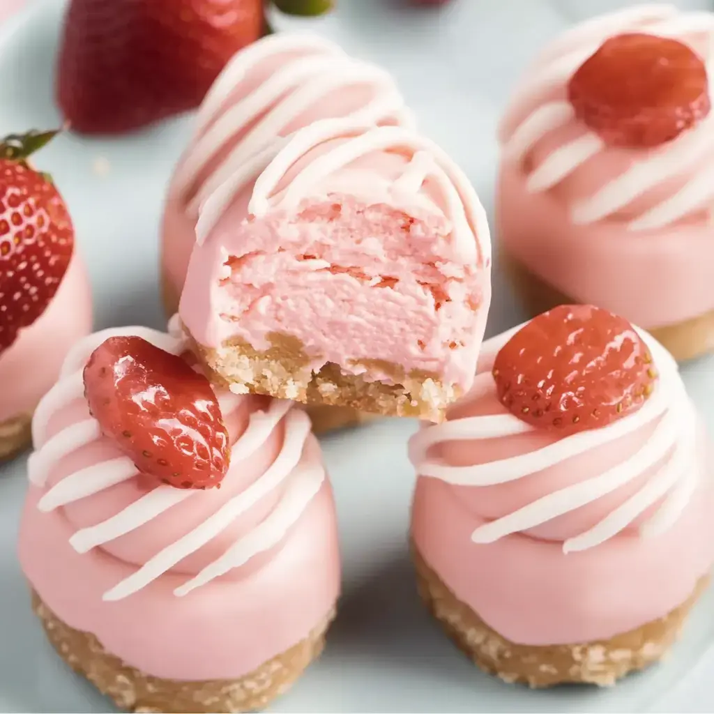 Close-up of pink-coated desserts topped with strawberries and a white drizzle. One has a bite missing.