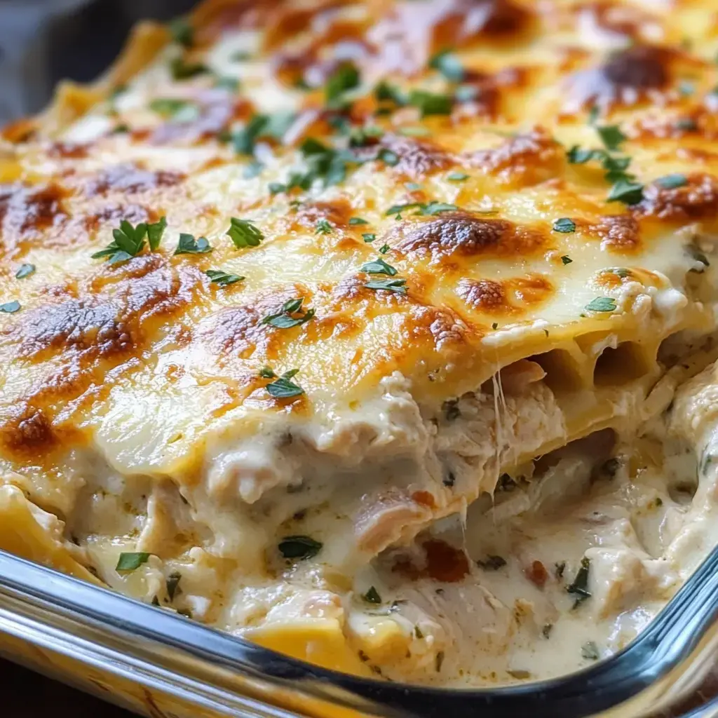 Close-up of cheesy chicken lasagna with herbs on top and golden-brown edges.