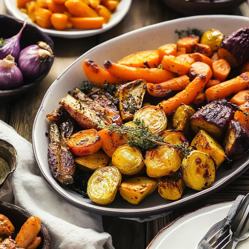 A platter of colorful roasted veggies like carrots, potatoes, and peppers, garnished with fresh thyme, alongside smaller bowls of roasted onions and carrots.