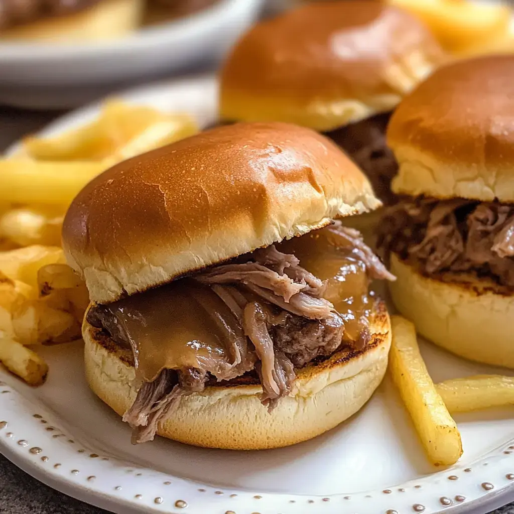 Soft buns holding tender beef with a rich sauce and a side of crispy fries.