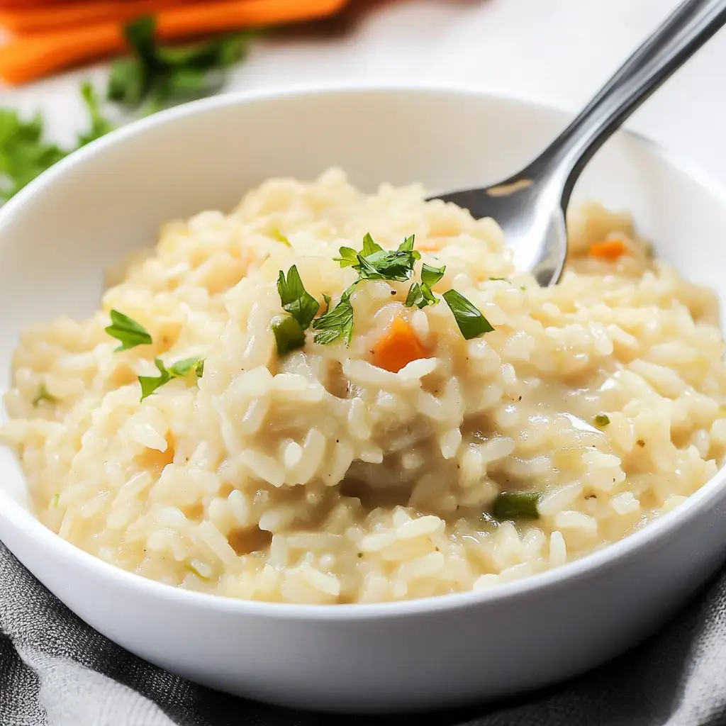 A bowl of creamy rice topped with parsley and vibrant veggies.