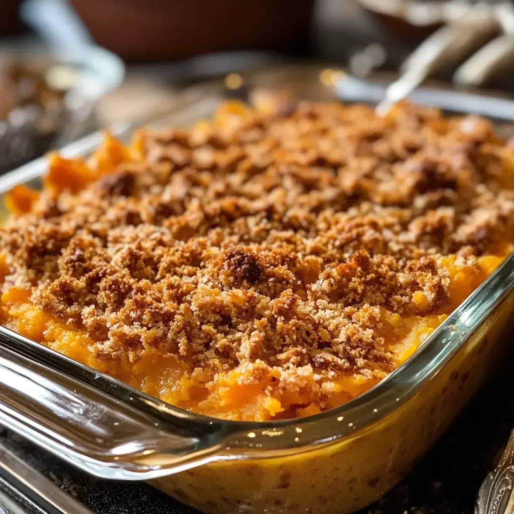 Close view of golden sweet potato bake topped with crisp breadcrumbs in a glass pan.