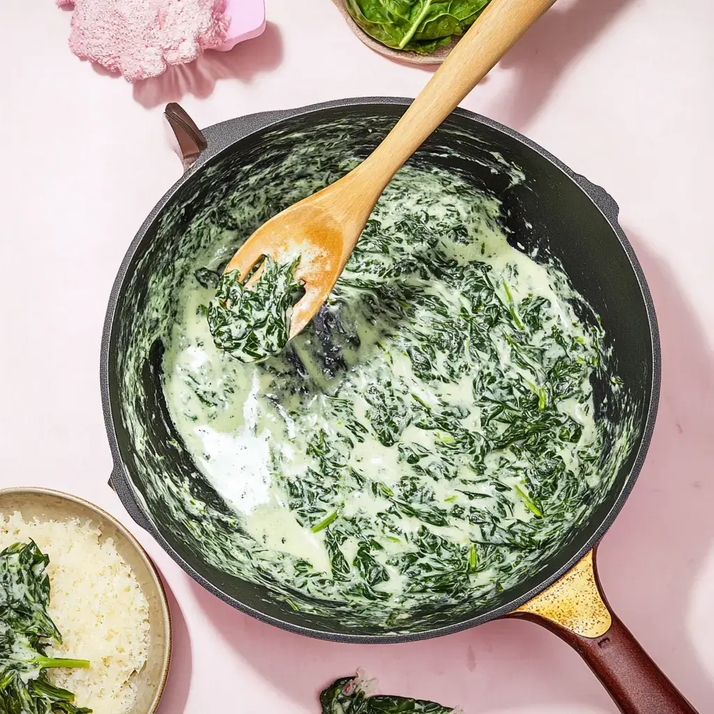 A black pot filled with creamy spinach being stirred by a wooden spoon. A small bowl of rice and fresh spinach leaves sit nearby on a pink table.