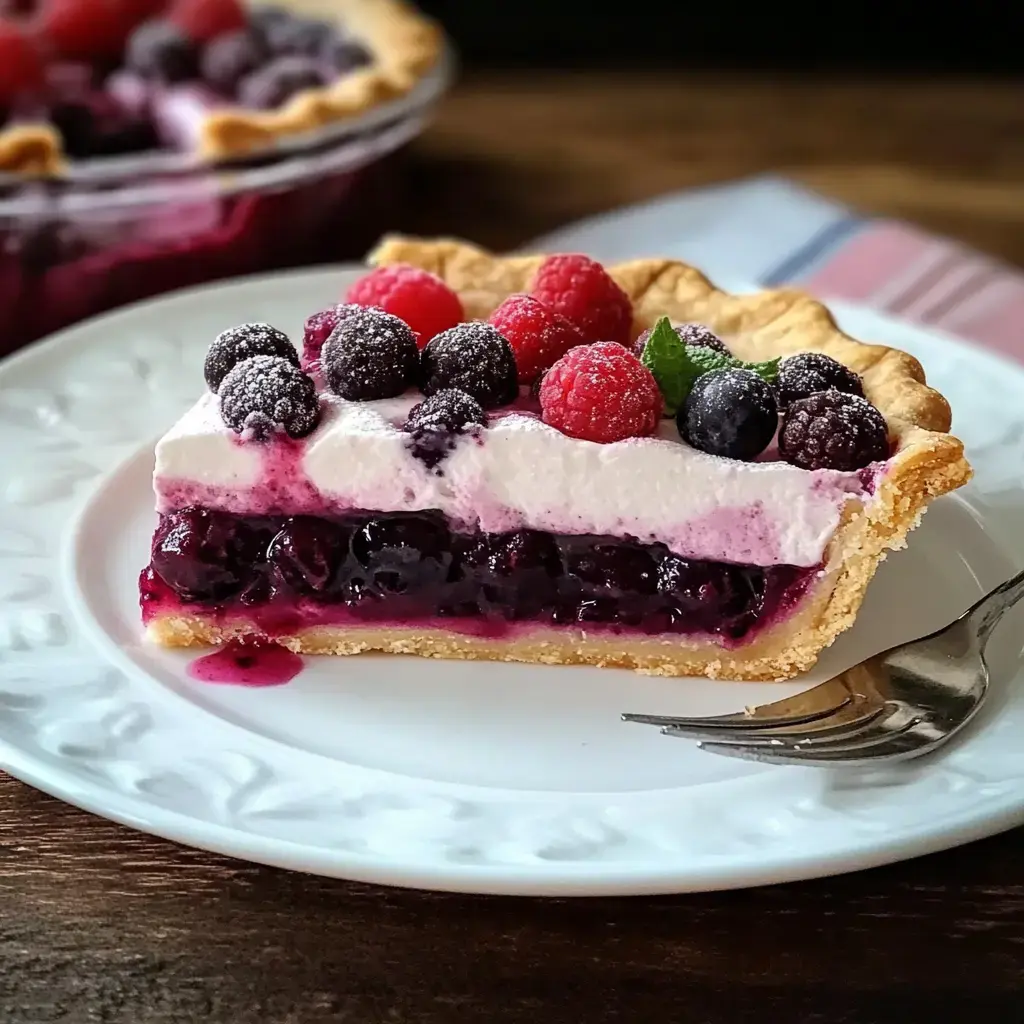 A delicious slice of berry pie with whipped cream and fresh fruit, served stylishly on a fancy plate.