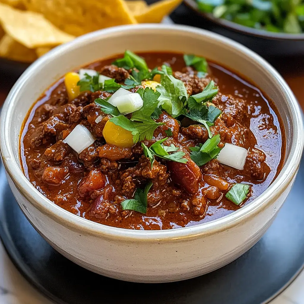 A hearty bowl of chili garnished with onions, cilantro, and yellow peppers, with crispy tortilla chips on the side.