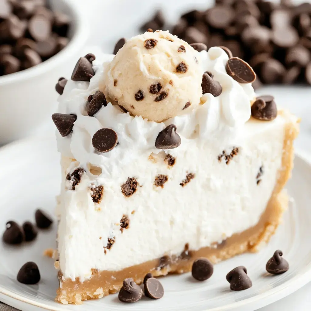 A creamy slice of cookie dough cheesecake topped with whipped cream, chunks of cookie dough, and chocolate chips, sitting on a dessert plate with more chips nearby.