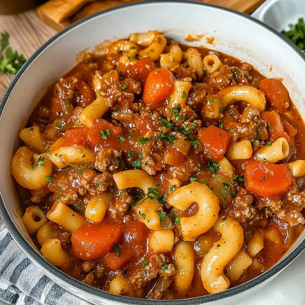 Close-up of macaroni with ground beef, carrots, and thick tomato sauce, topped with parsley.