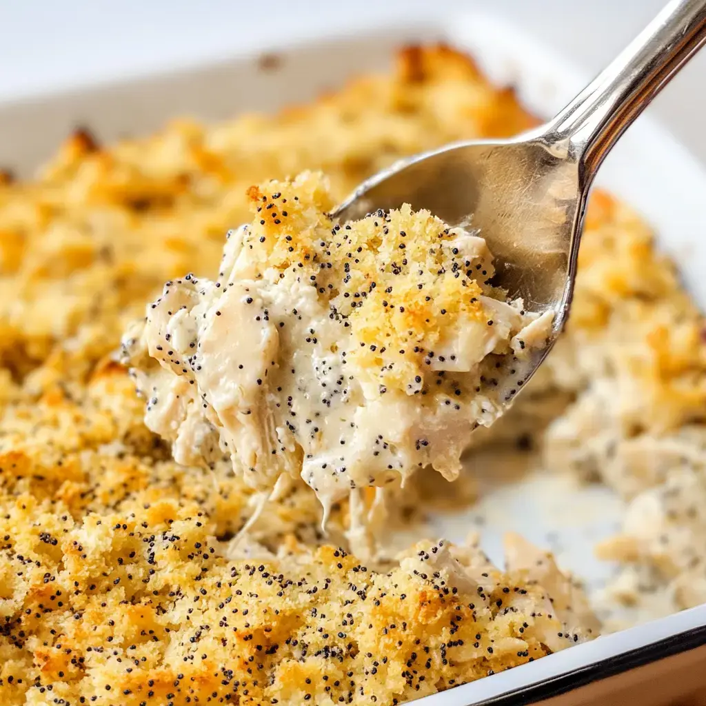 A crispy-topped chicken casserole being served with a spoon from a baking dish.