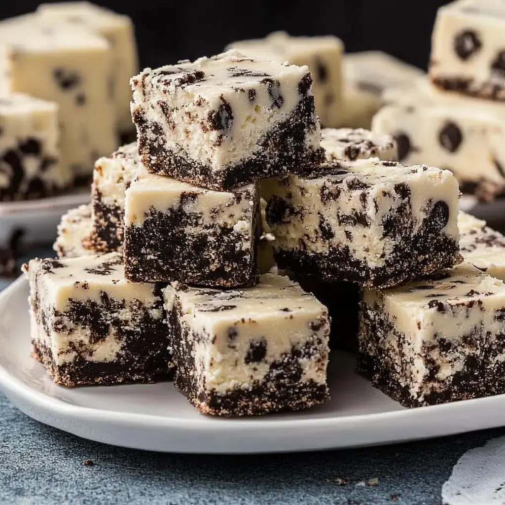 Squares of creamy fudge with a dark chocolate layer and cookie bits inside, stacked neatly on a plate.