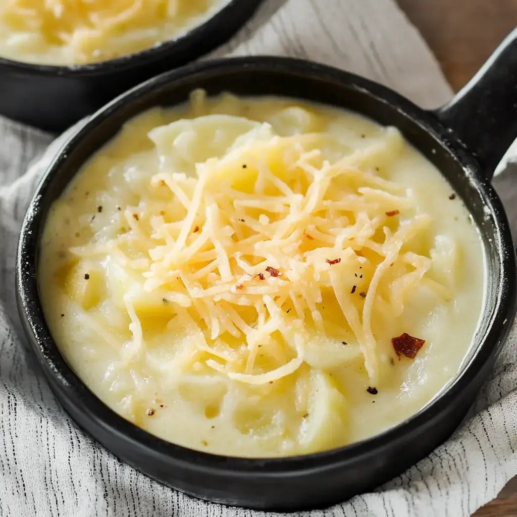 Close-up view of a bowl filled with potato soup, topped with shredded cheese and black pepper specks.