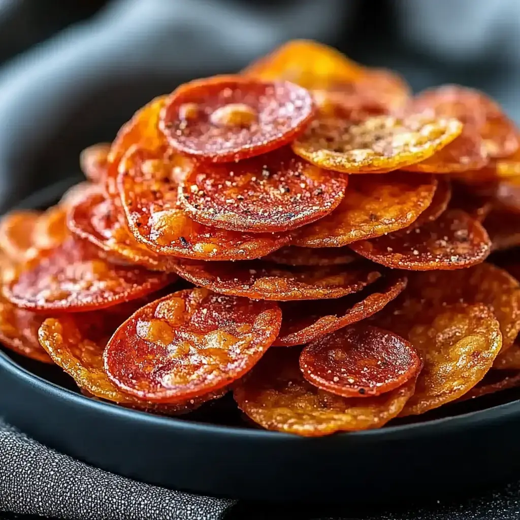 Close-up view of crispy golden pepperoni chips stacked in a black bowl.