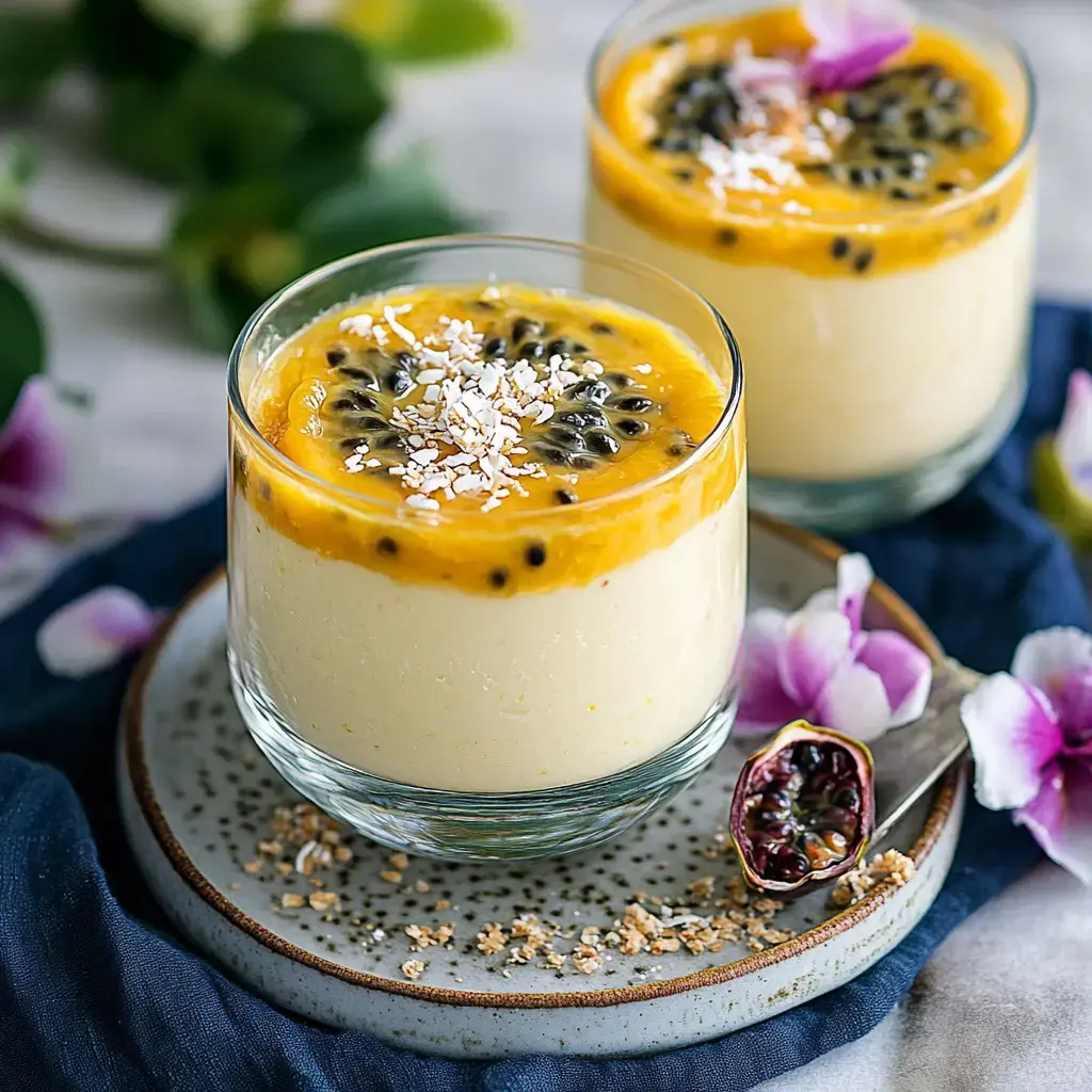 Close-up of two creamy tropical desserts in glasses topped with passion fruit and coconut, next to a spoon and flowers as decoration.
