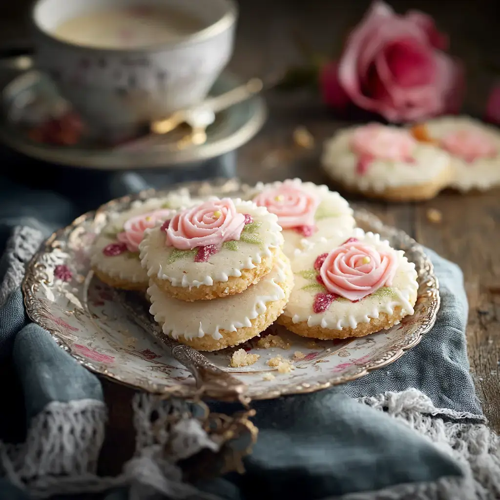 Floral cookies topped with crushed nuts and pink decorations, served on a plate with tea and roses on a rustic background.