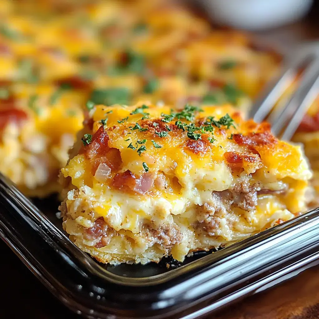 Close-up of a melted cheesy, egg-filled casserole with sausage layers, topped with parsley.