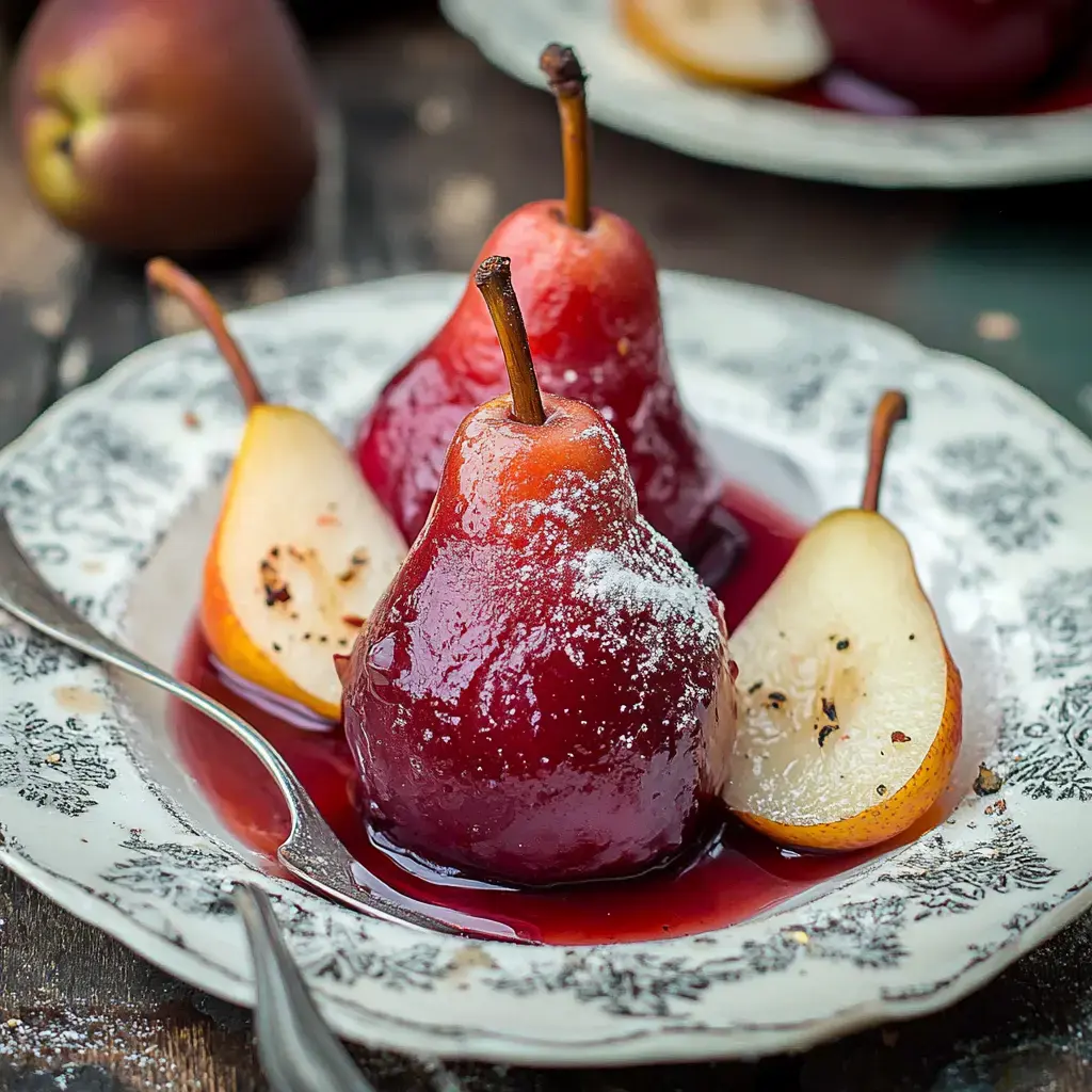 Three red wine-poached pears sit beautifully on a patterned plate surrounded by yellow pear slices and red syrup, lightly dusted with sugar.