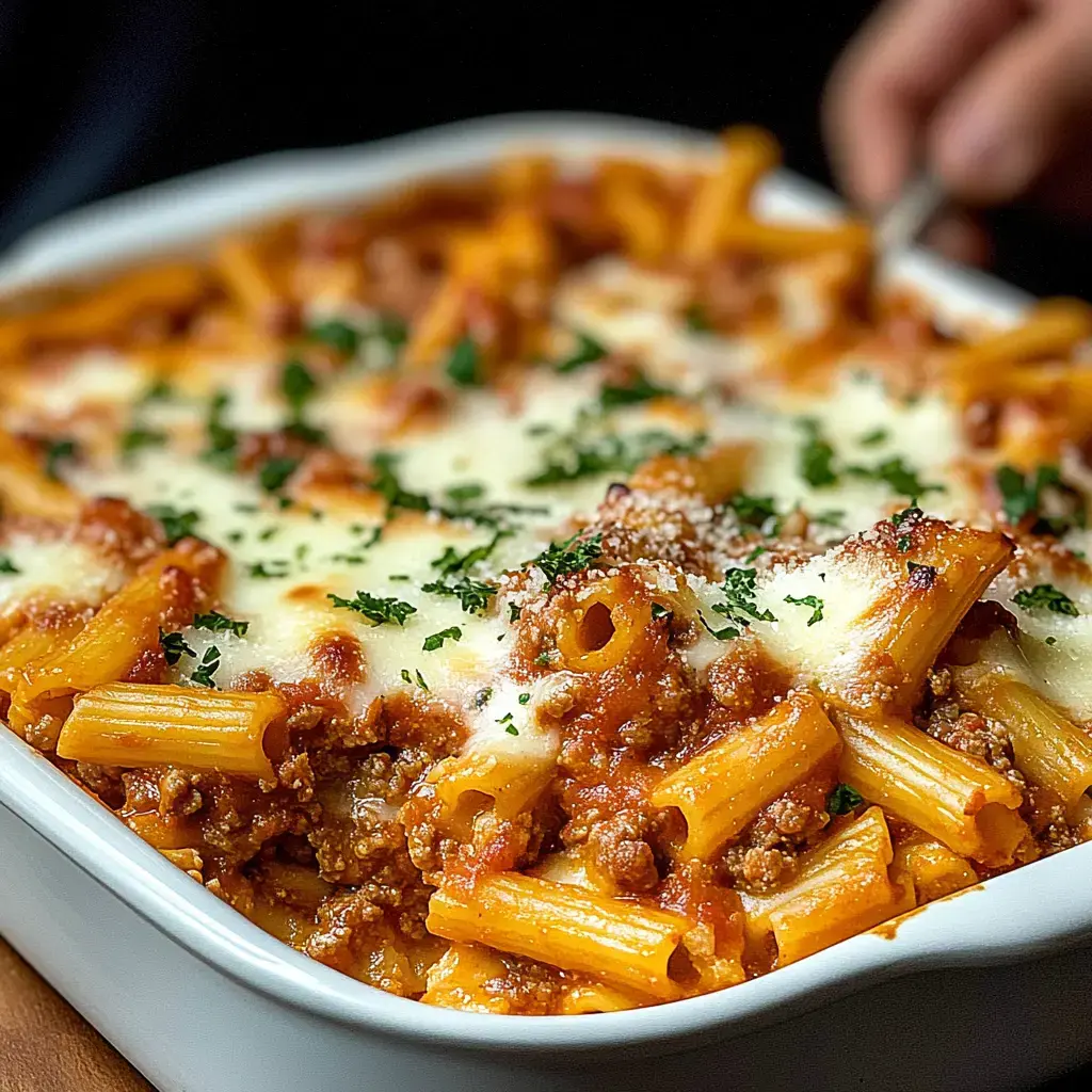 A close-up of golden, cheesy baked pasta dish topped with parsley and ground meat.