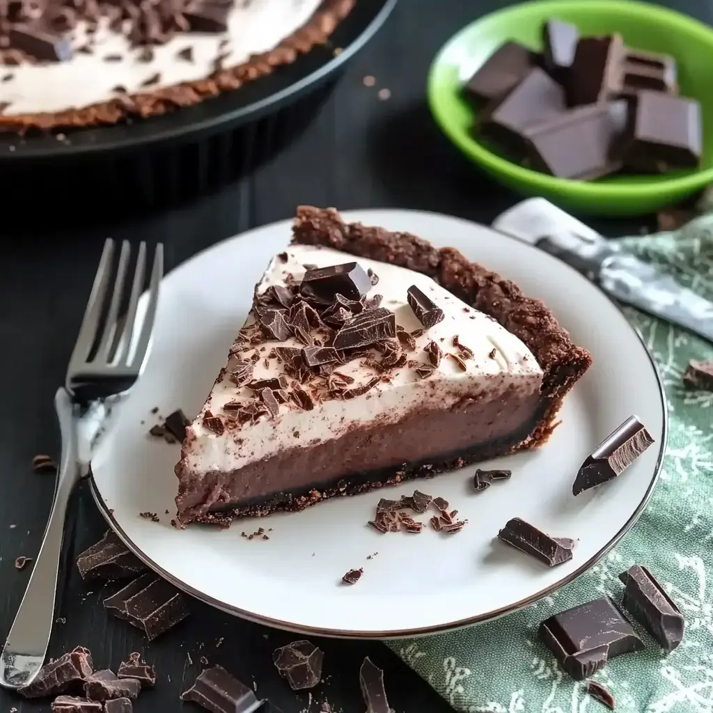 A slice of velvety chocolate pie on a white plate, finished with chocolate shavings, and a fork lying next to it.