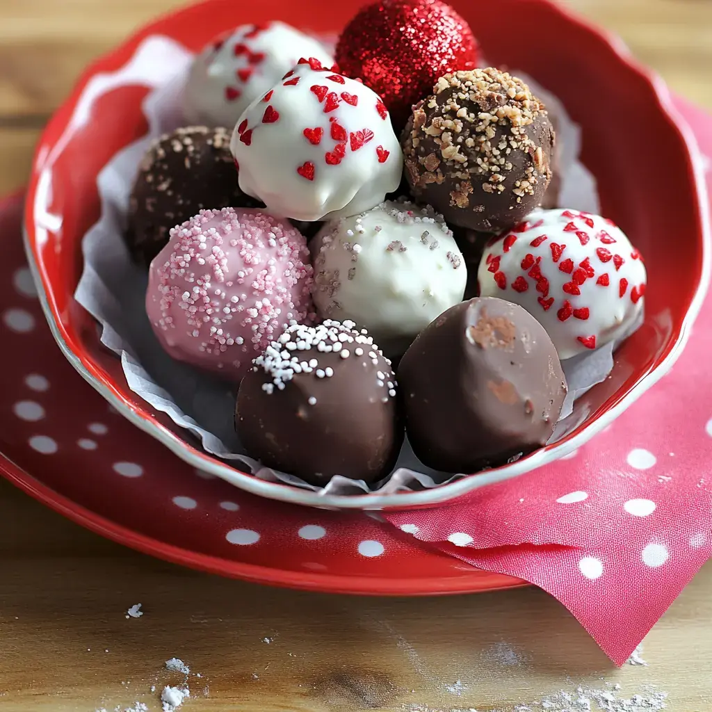 A red bowl filled with various chocolate truffles, decorated with hearts and sprinkles, on a polka-dot plate.