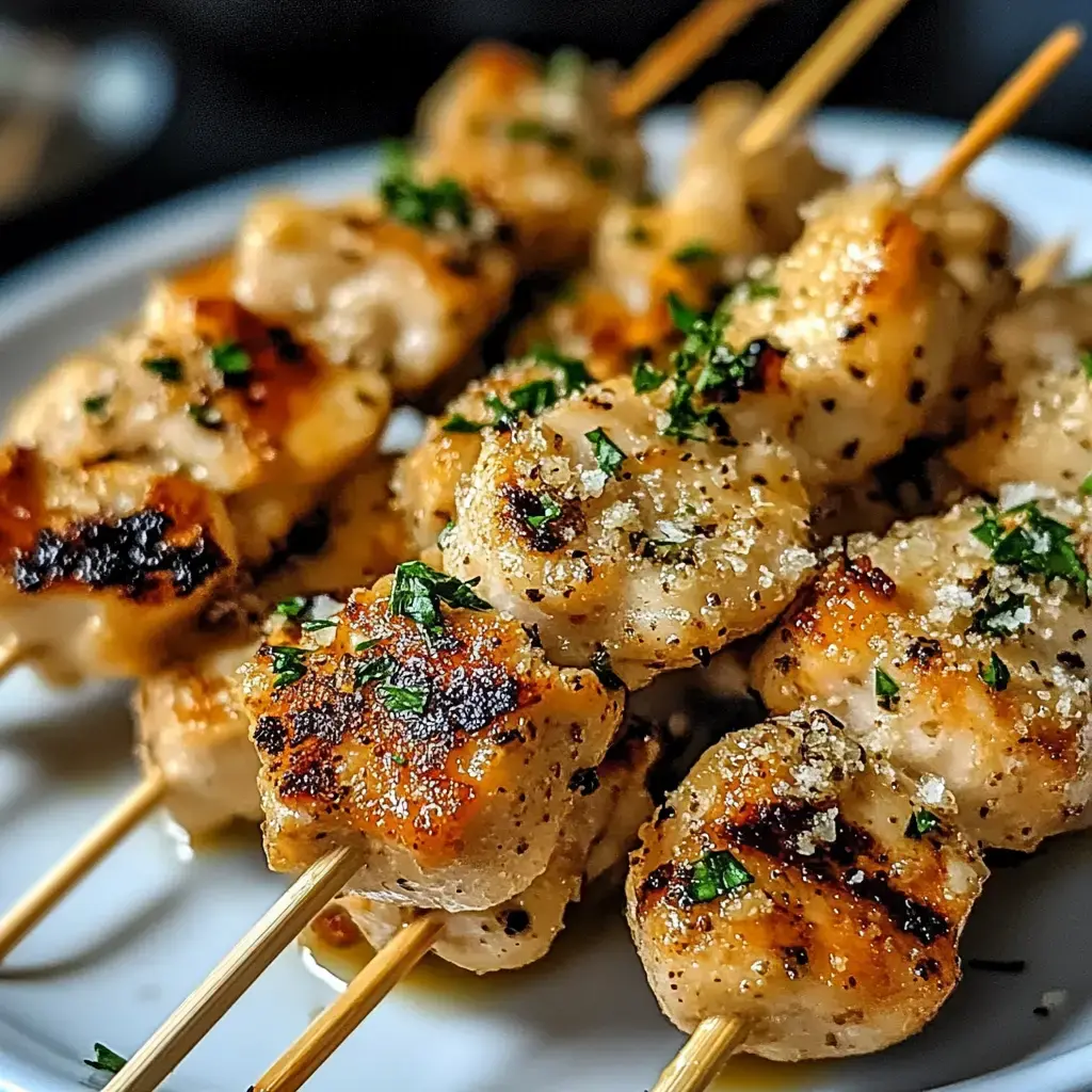 Juicy chicken skewers served on a plate and topped with fresh herbs for flavor.