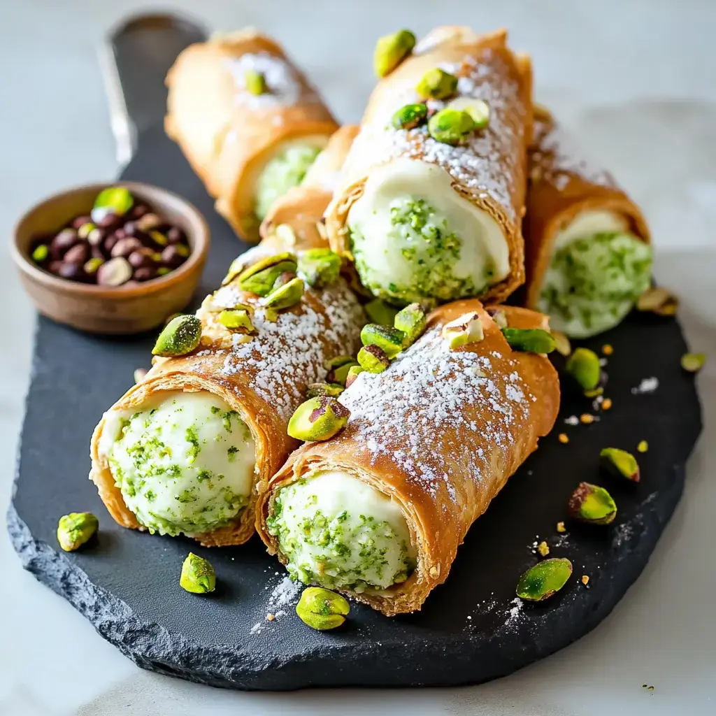 A plate of golden cannoli stuffed with green pistachio cream, topped with crushed pistachios and sugar, next to a dish of chocolate-dipped nuts.