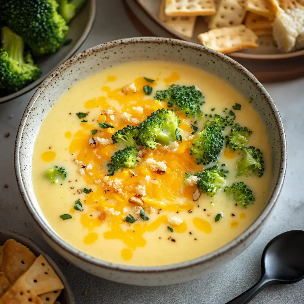 A creamy bowl of broccoli cheese soup topped with shredded cheddar, tiny broccoli bites, and served with crackers.