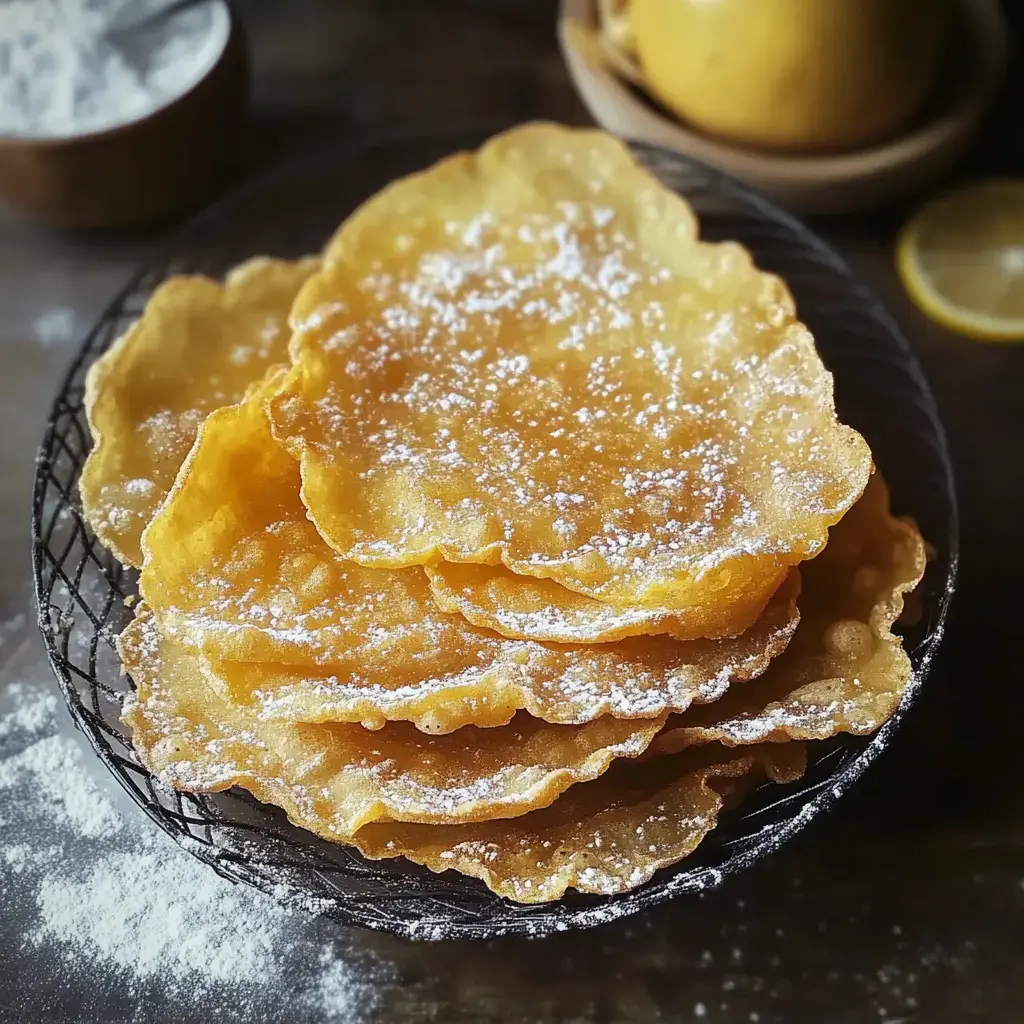 Golden crispy treats with powdered sugar on a plate.